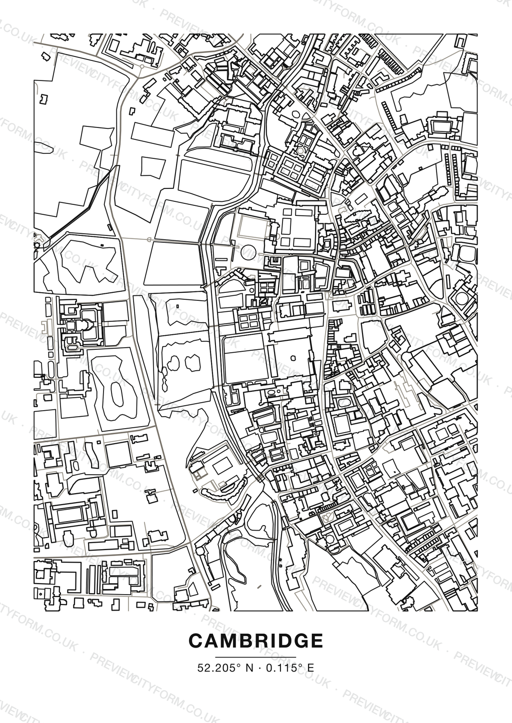 Blank Cambridge colour-in map — clean black outlines of Cambridge streets and buildings on white, the print you receive ready to colour