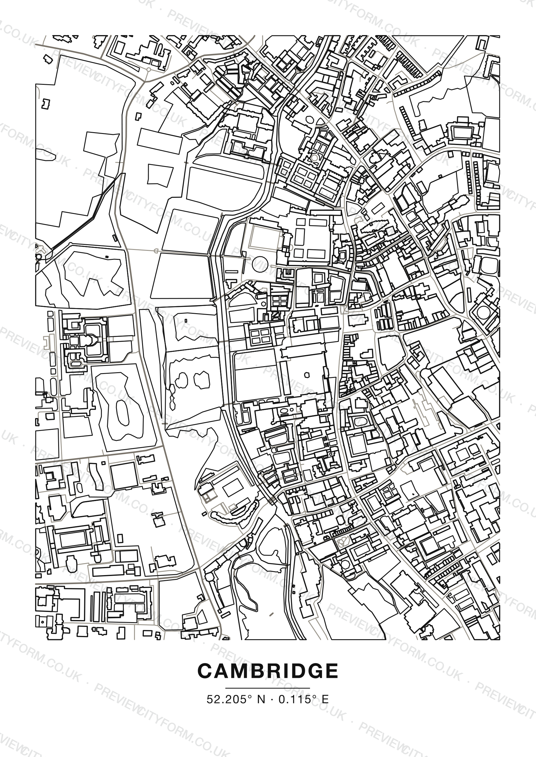 Blank Cambridge colour-in map — clean black outlines of Cambridge streets and buildings on white, the print you receive ready to colour