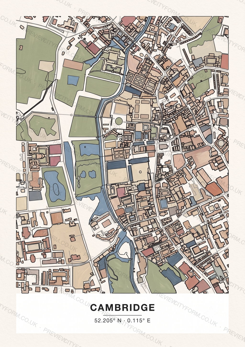 The Cambridge colour-in map finished in soft gouache paint — one way to colour the real street outline