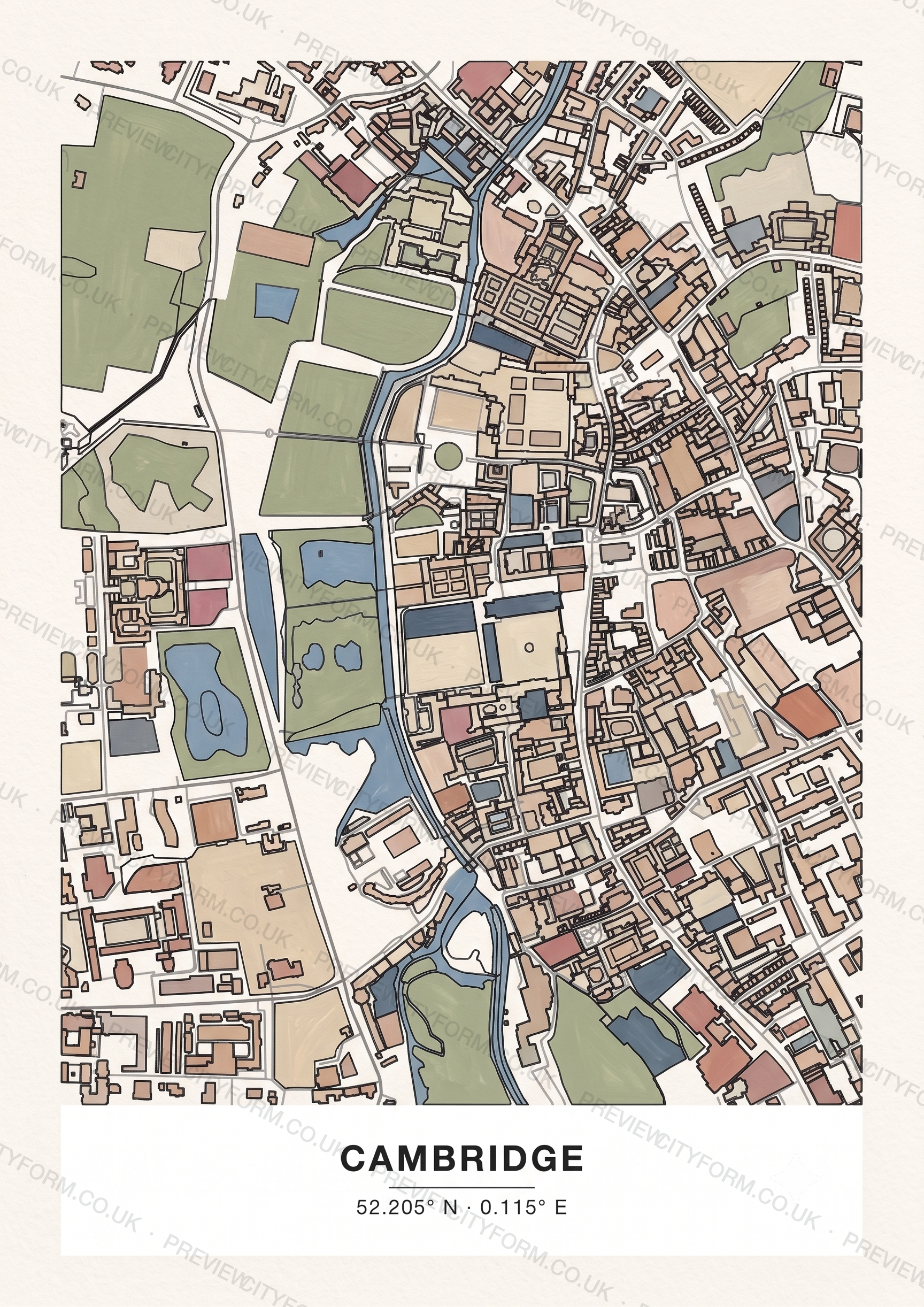 The Cambridge colour-in map finished in soft gouache paint — one way to colour the real street outline