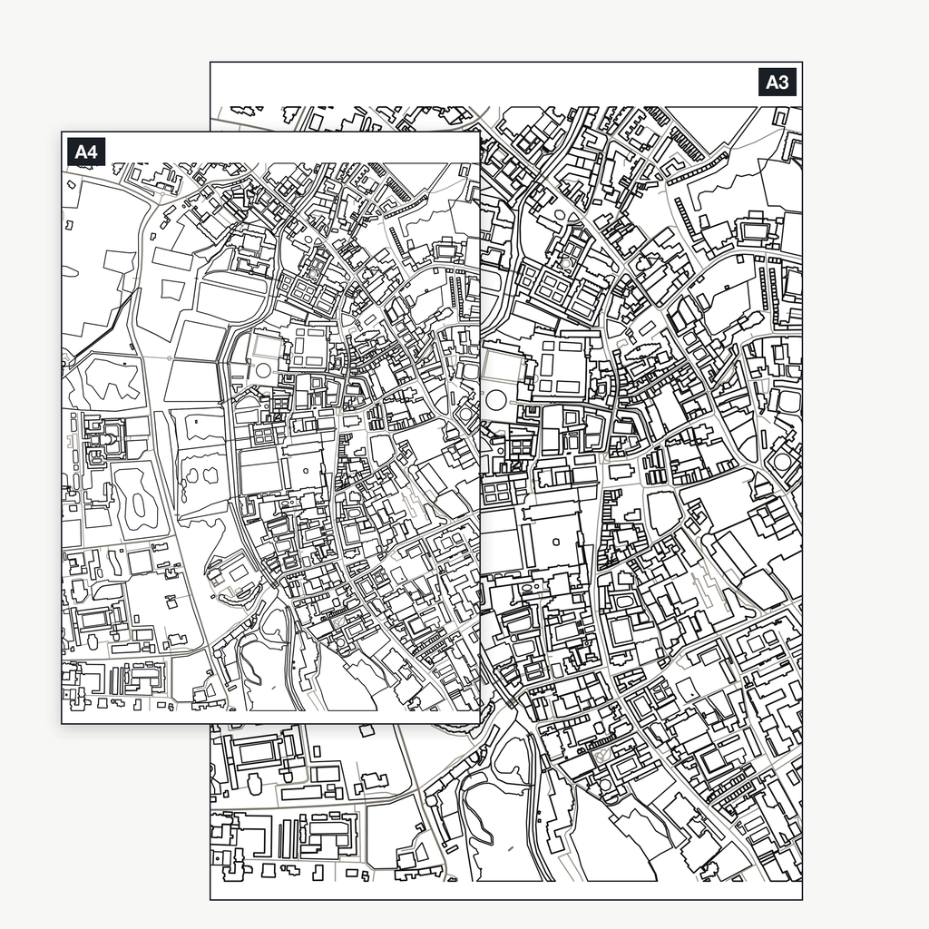 The Cambridge colour-in map shown at A4 and A3 — the same real city-centre map, a full kilometre across, printable at either size