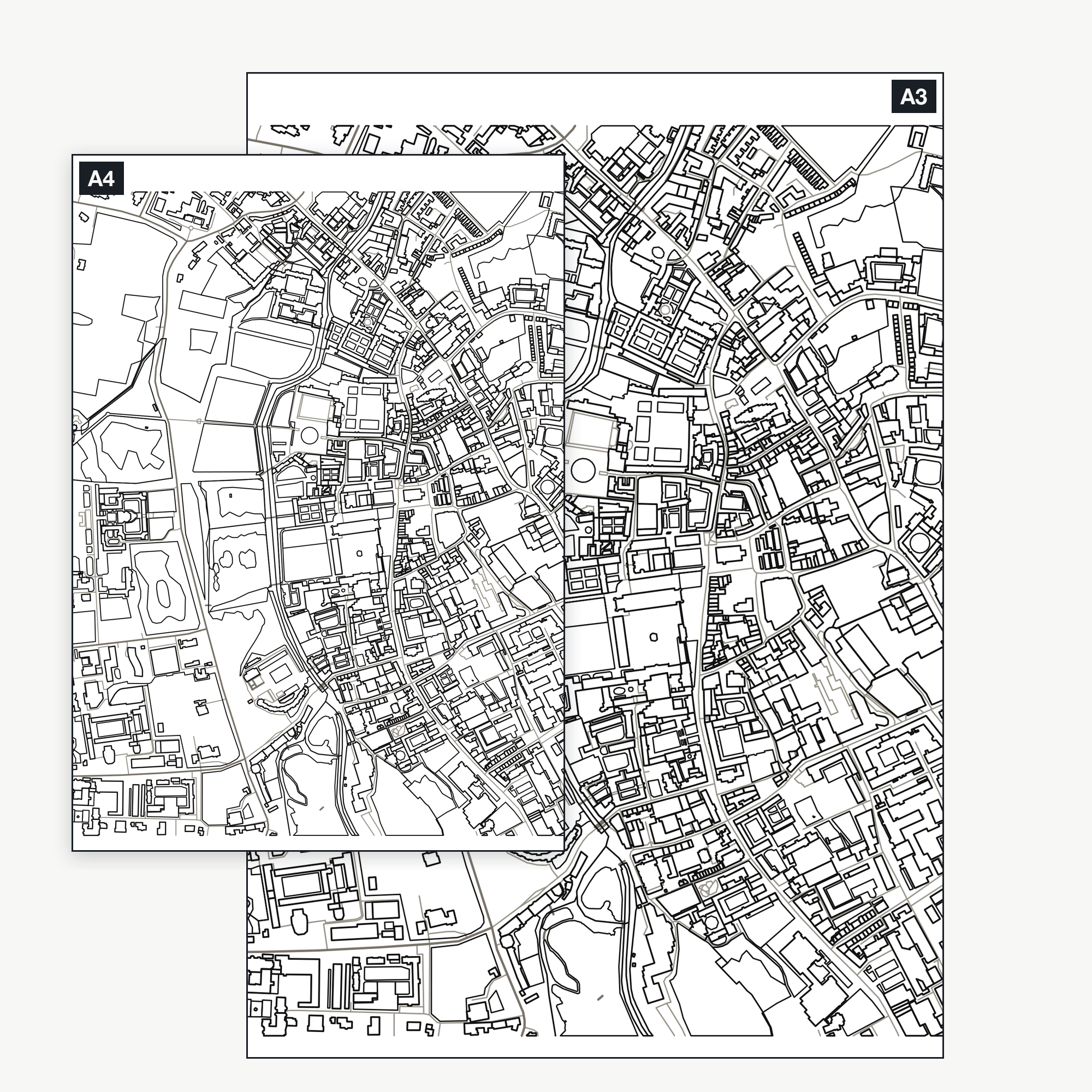 The Cambridge colour-in map shown at A4 and A3 — the same real city-centre map, a full kilometre across, printable at either size