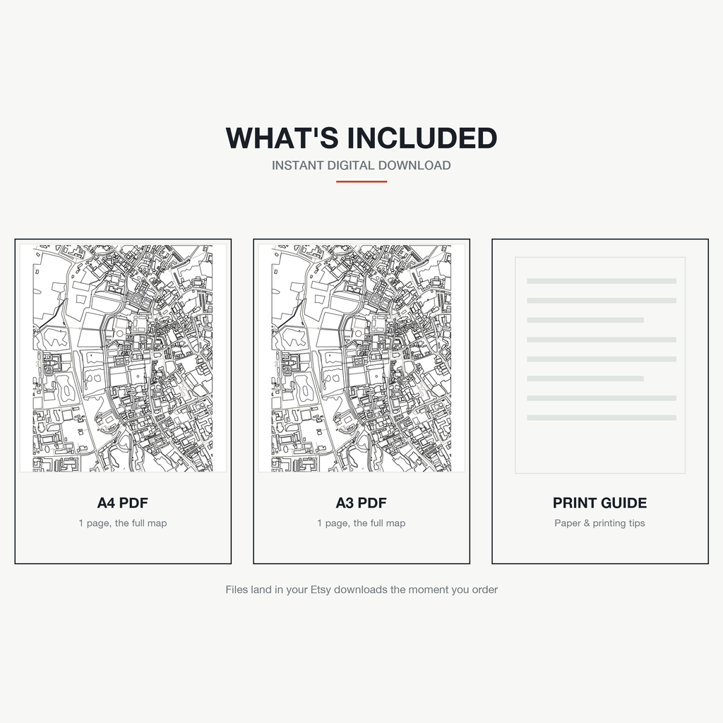 What's included — an A4 PDF, an A3 PDF and a print guide, instant download, a real colour-in map of Cambridge