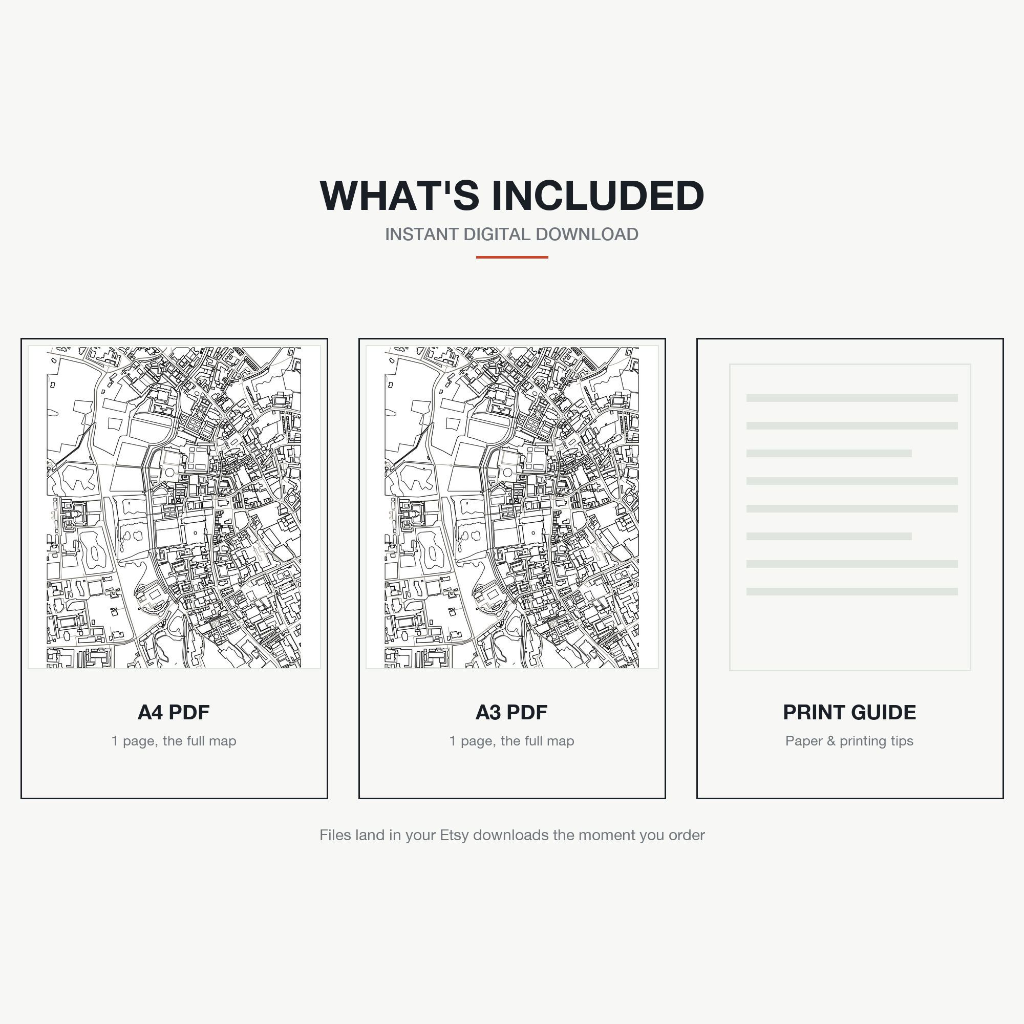 What's included — an A4 PDF, an A3 PDF and a print guide, instant download, a real colour-in map of Cambridge