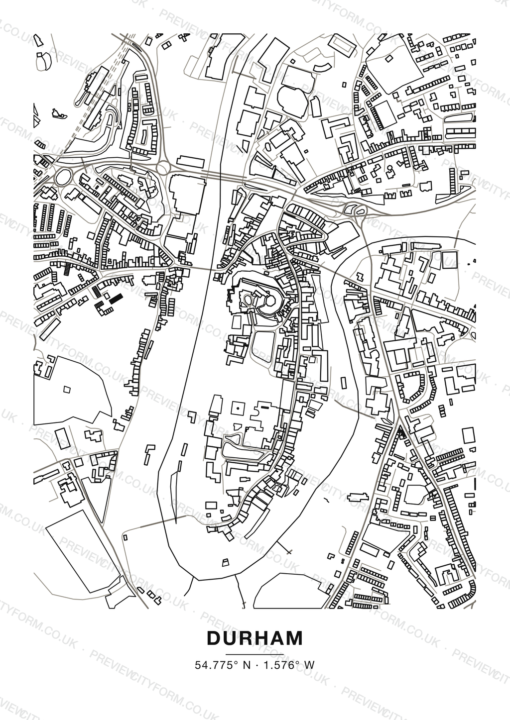 Blank Durham colour-in map — clean black outlines of Durham streets and buildings on white, the print you receive ready to colour