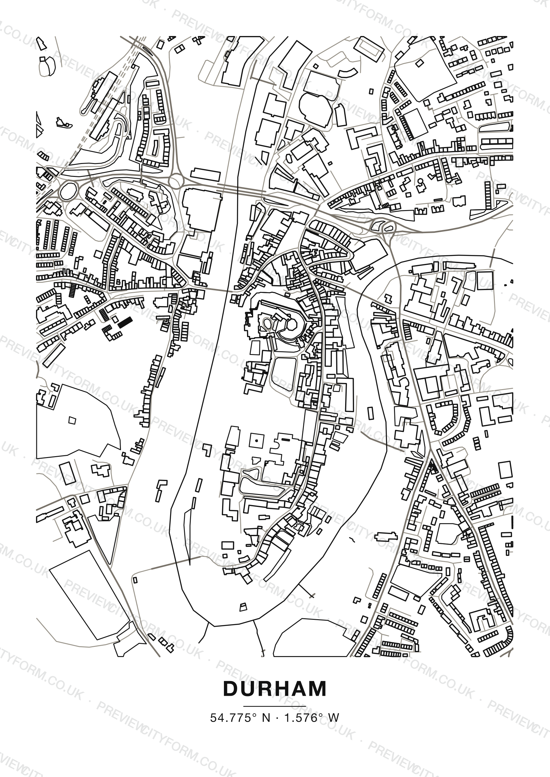 Blank Durham colour-in map — clean black outlines of Durham streets and buildings on white, the print you receive ready to colour