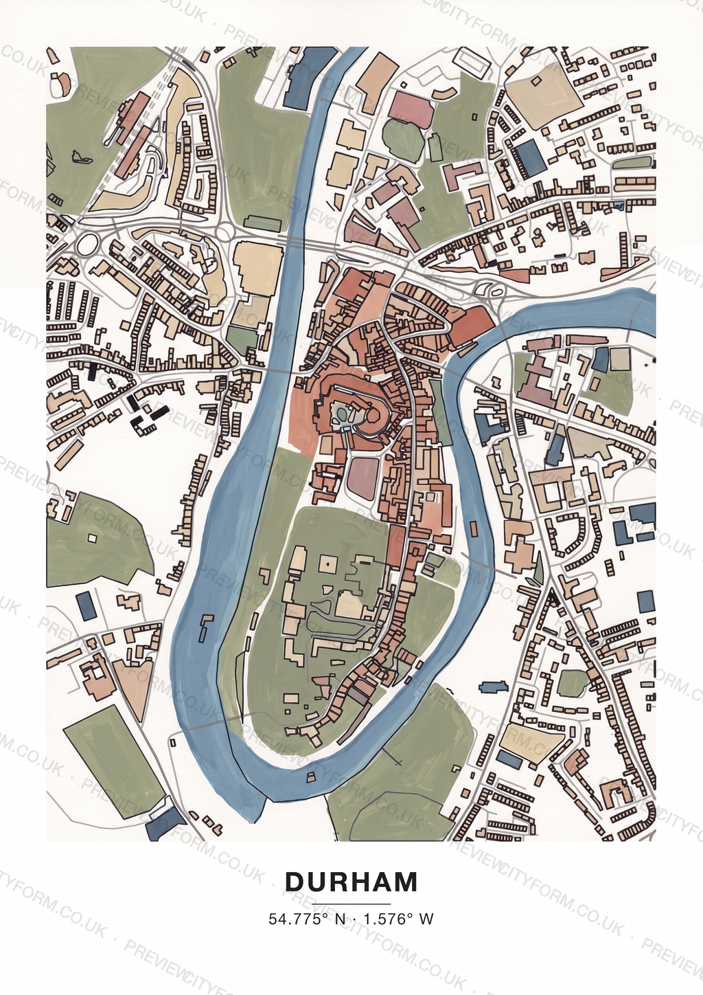 The Durham colour-in map finished in soft gouache paint — one way to colour the real street outline