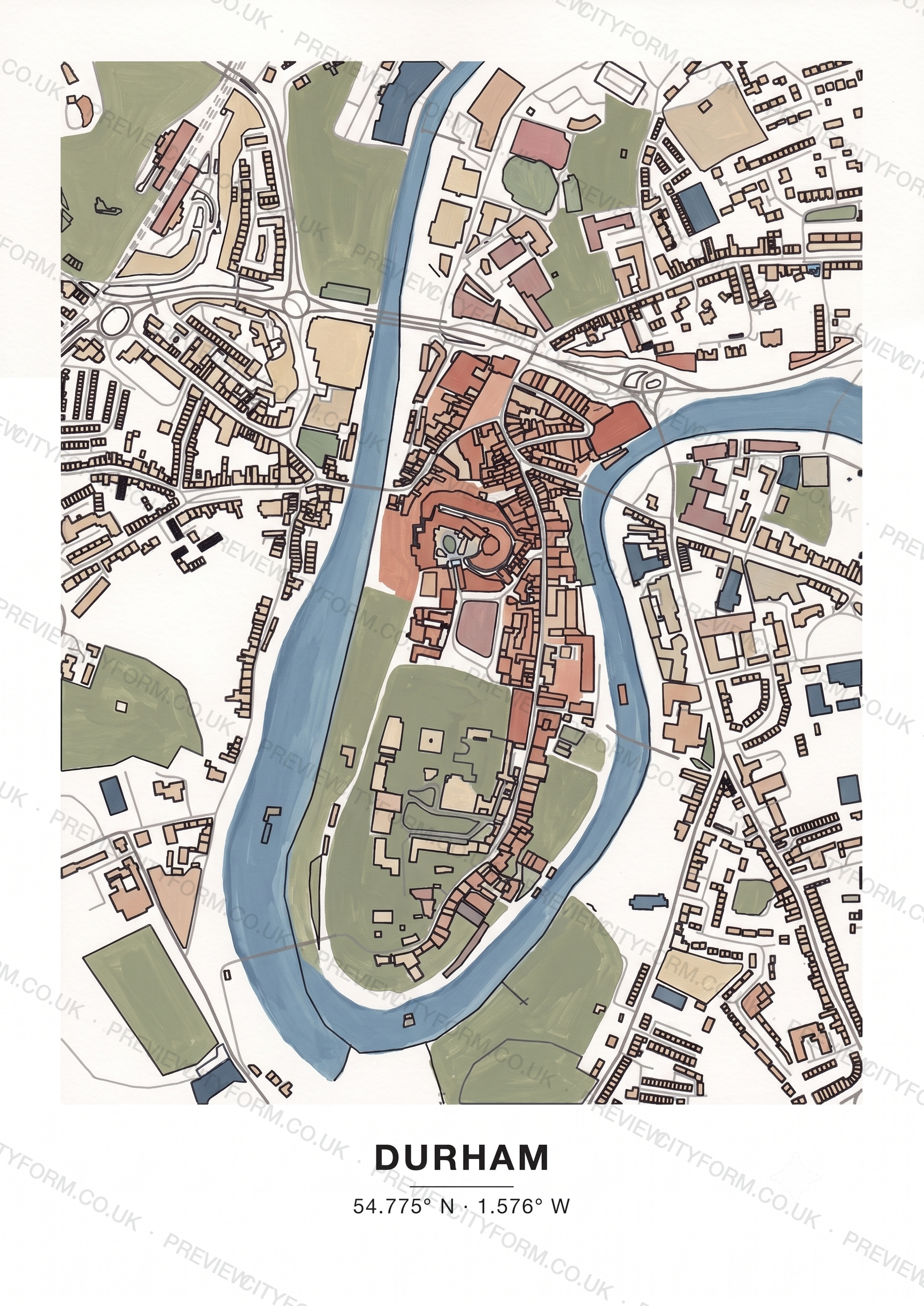 The Durham colour-in map finished in soft gouache paint — one way to colour the real street outline