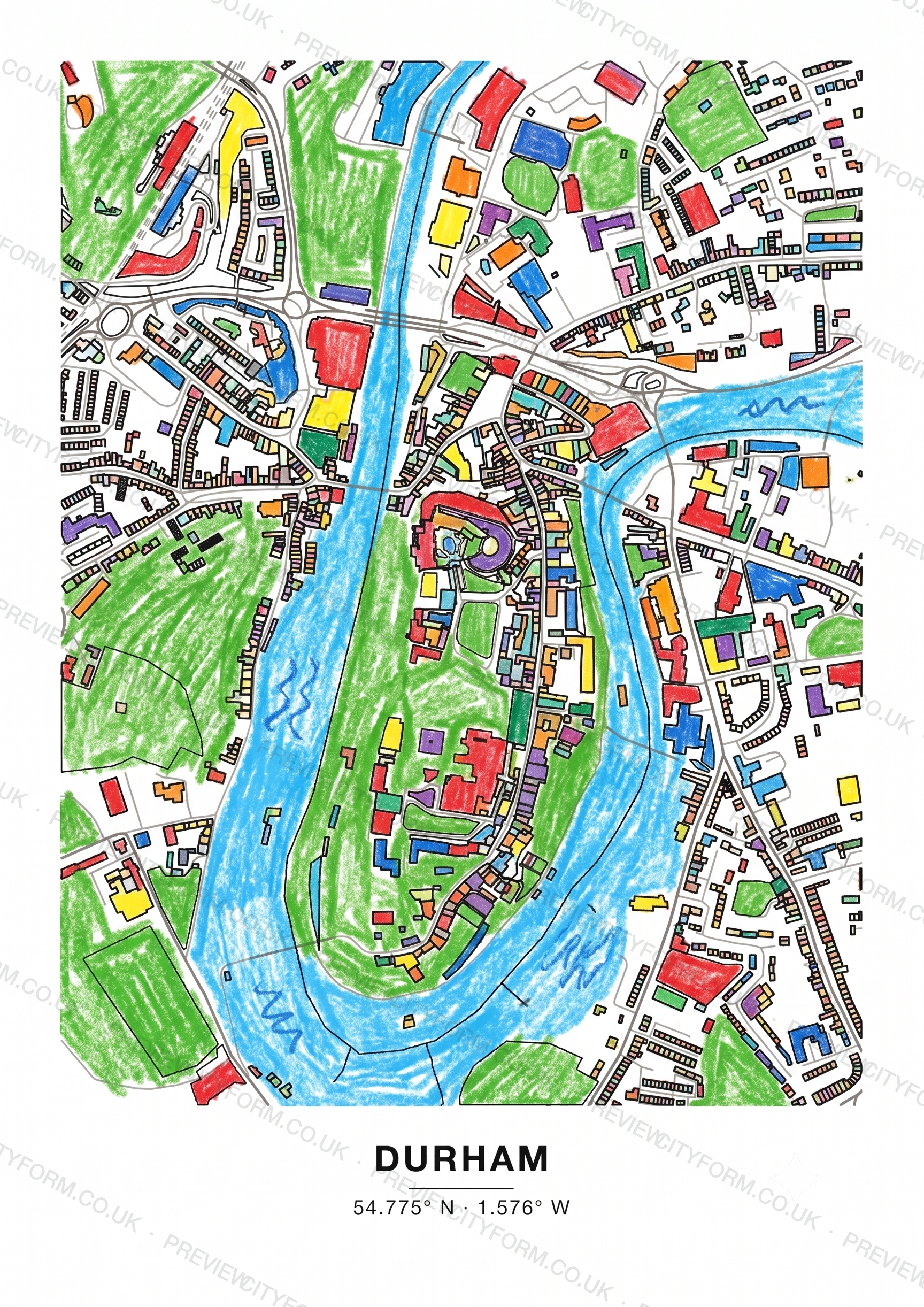 The Durham colour-in map finished in bright wax crayon — a playful way to colour the real street outline