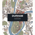A finished, coloured-in Durham city map print — real streets and building outlines of Durham centre, filled by hand