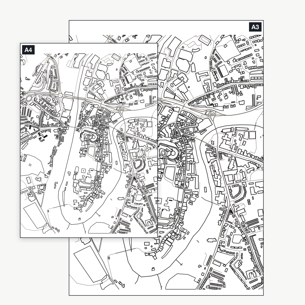 The Durham colour-in map shown at A4 and A3 — the same real city-centre map, a full kilometre across, printable at either size