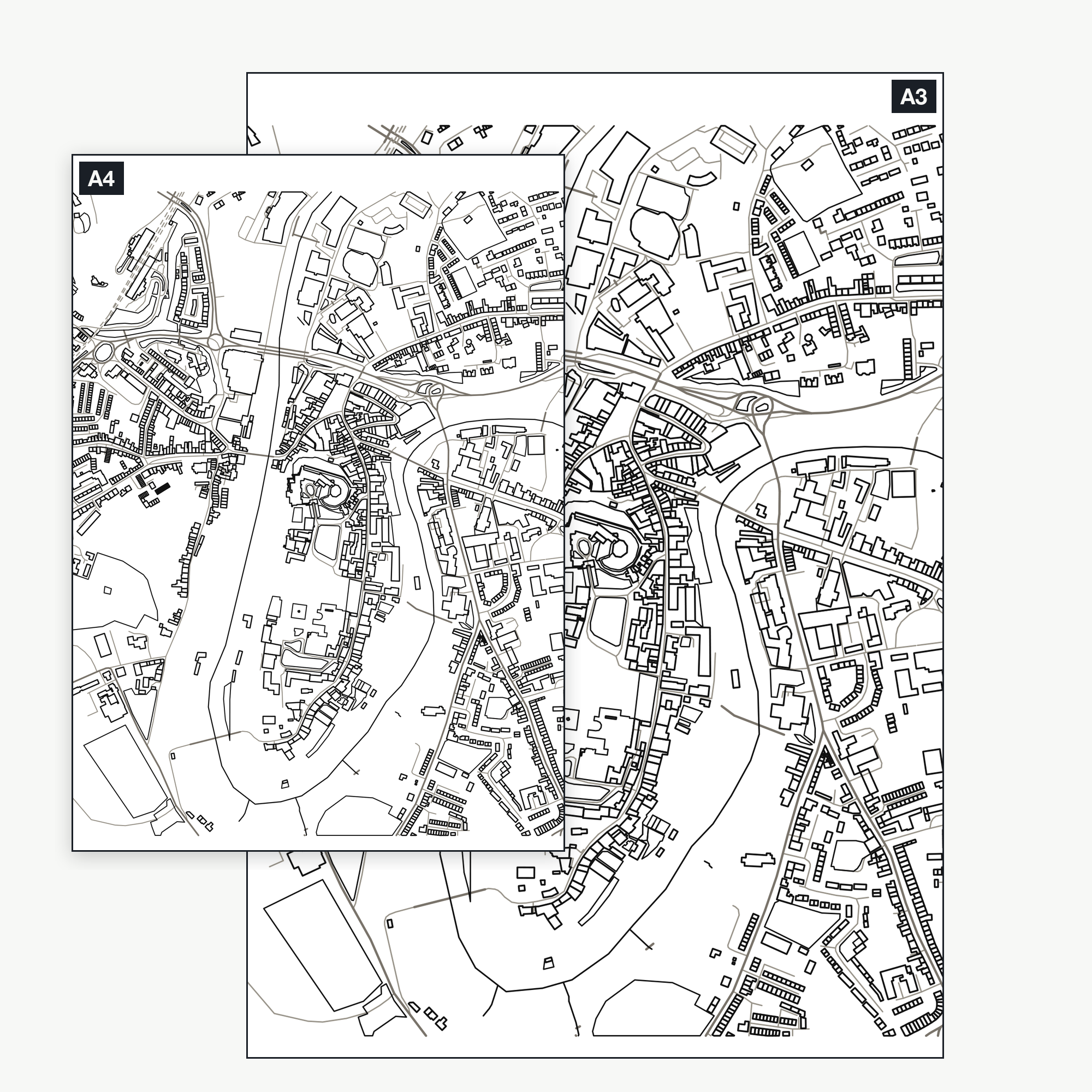 The Durham colour-in map shown at A4 and A3 — the same real city-centre map, a full kilometre across, printable at either size
