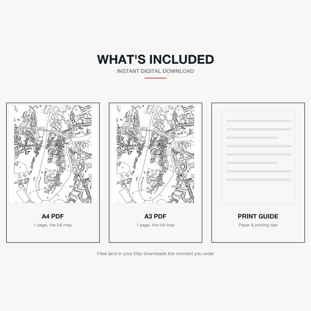 What's included — an A4 PDF, an A3 PDF and a print guide, instant download, a real colour-in map of Durham