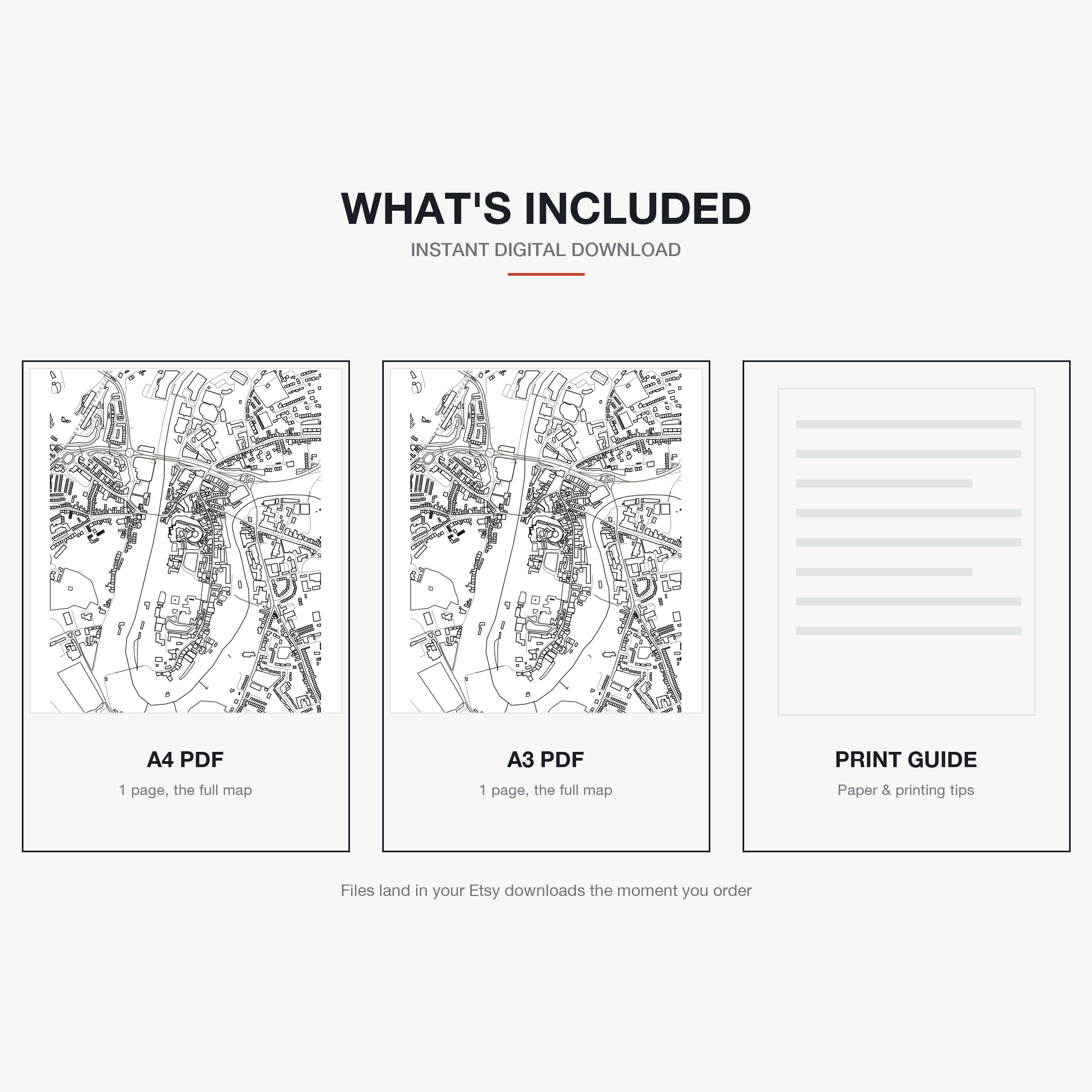 What's included — an A4 PDF, an A3 PDF and a print guide, instant download, a real colour-in map of Durham