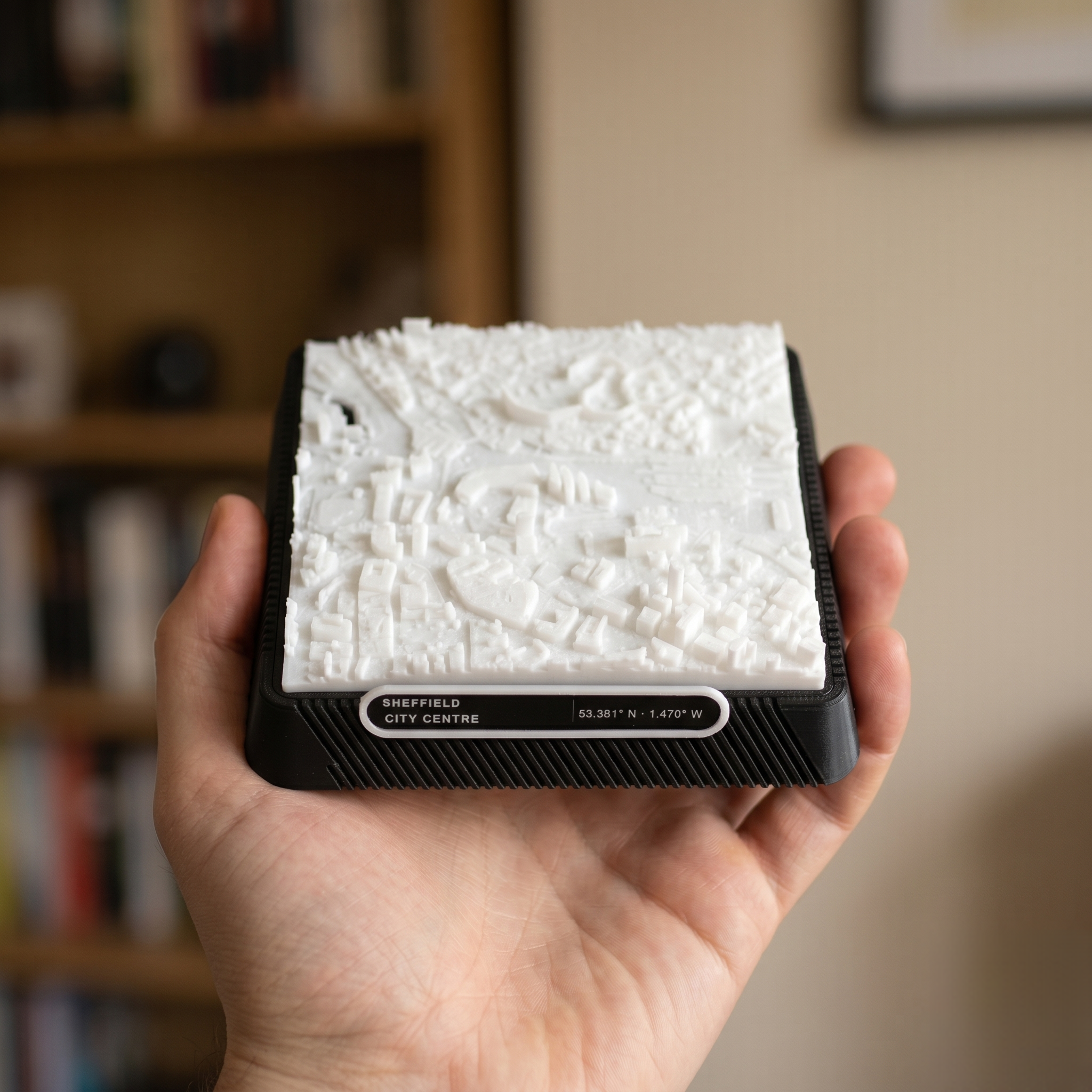 Sheffield City Centre 3D printed city map · 9×9cm relief model · 53.381° N · 1.470° W