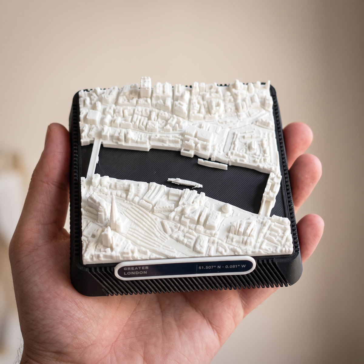 London Tower Hill 3D printed city map · 9×9cm relief model · 51.507° N · 0.081° W