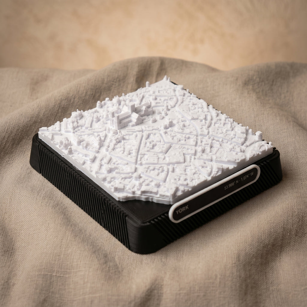 York city centre 3D printed city map · 9×9cm relief model · 53.966° N · 1.074° W