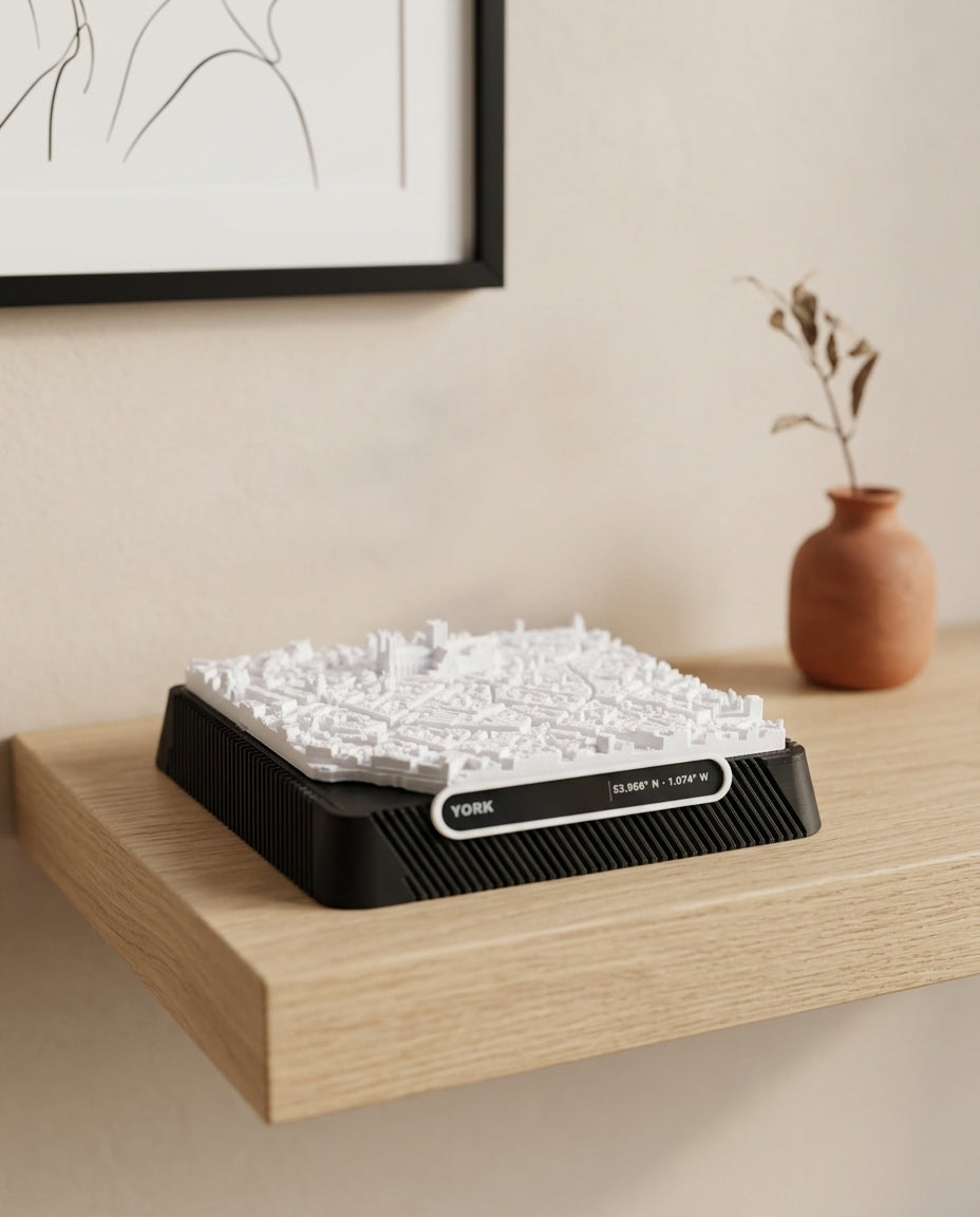 York city centre 3D printed city map · 9×9cm relief model · 53.966° N · 1.074° W
