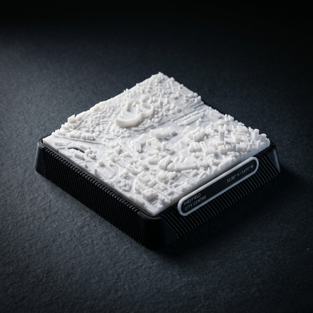 Sheffield City Centre 3D printed city map · 9×9cm relief model · 53.381° N · 1.470° W