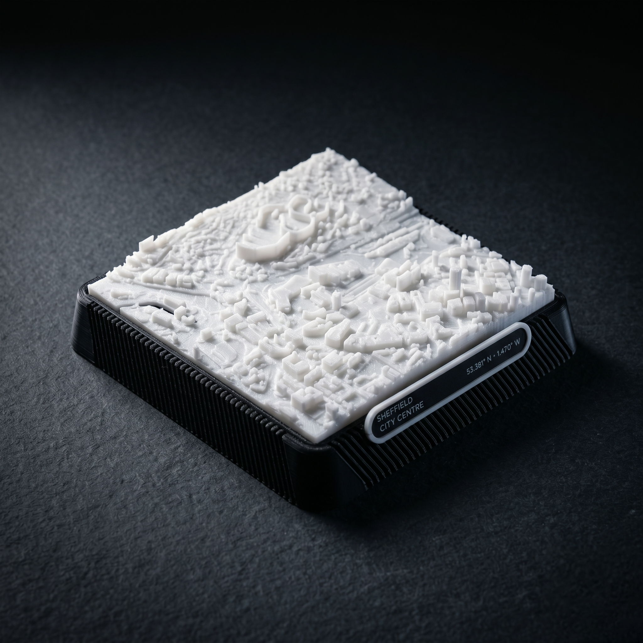 Sheffield City Centre 3D printed city map · 9×9cm relief model · 53.381° N · 1.470° W