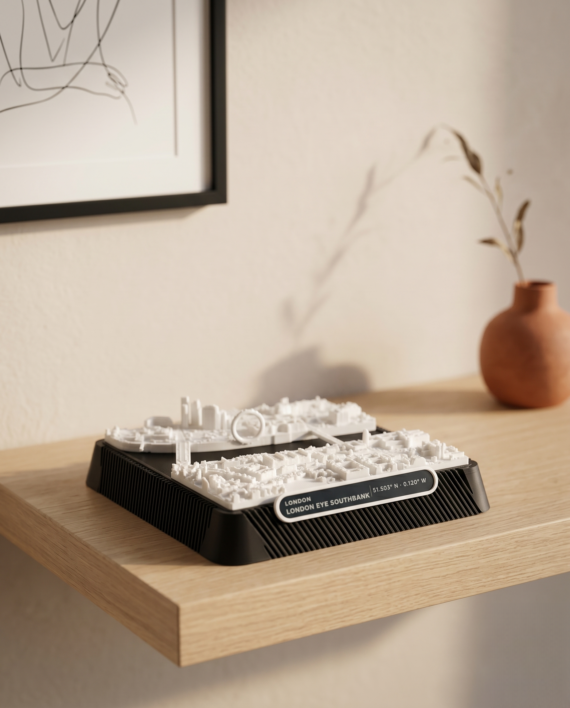 London South Bank 3D printed city map showing London Eye Riverside · 9×9cm relief model · 51.503° N · 0.120° W