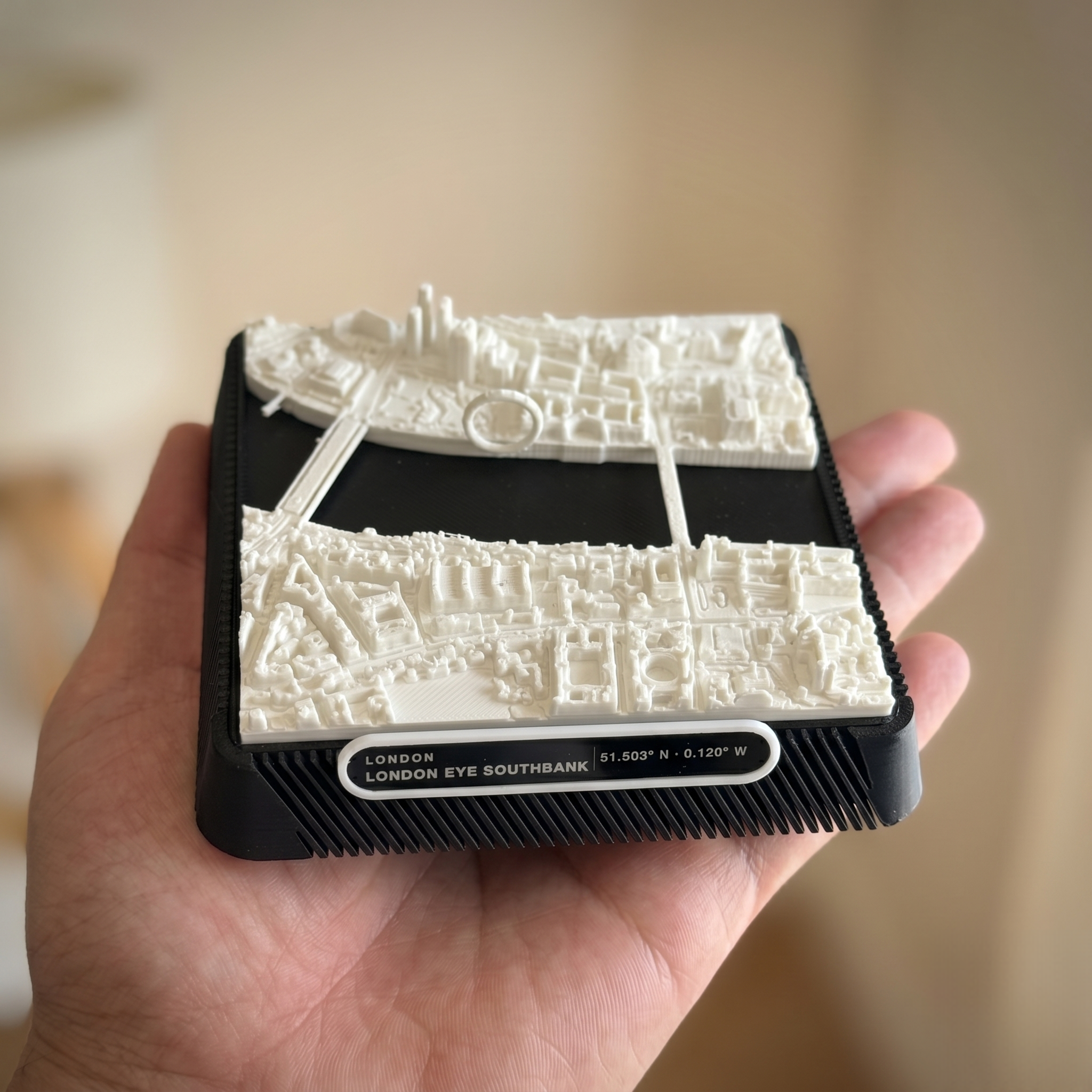 London South Bank 3D printed city map · 9×9cm relief model · 51.503° N · 0.120° W