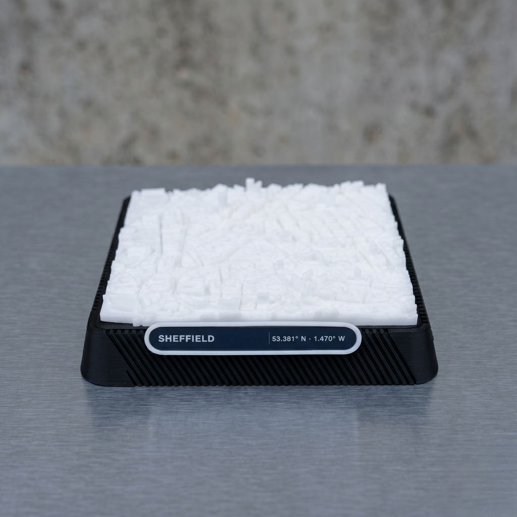 Sheffield Moorhead and Town Hall Square 3D printed city map · 9×9cm relief model · 53.380° N · 1.470° W