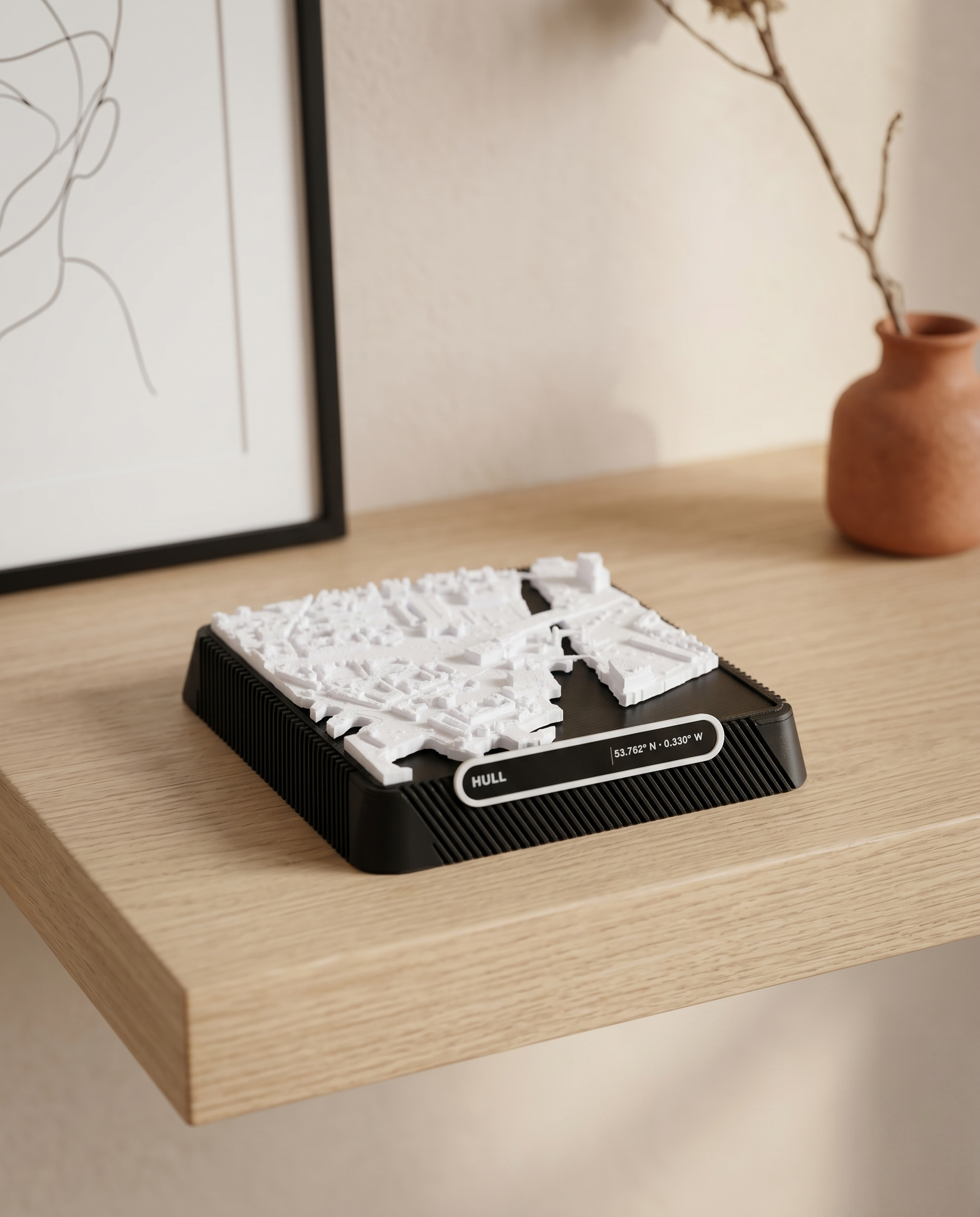 Kingston upon Hull 3D printed city map · 9×9cm relief model · 53.762° N · 0.330° W
