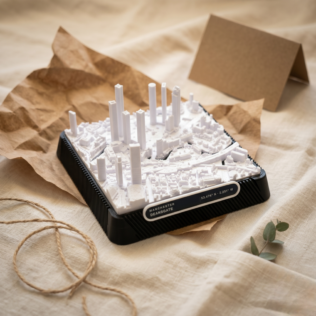 Manchester Deansgate 3D printed city map · 9×9cm relief model · 53.474° N · 2.251° W