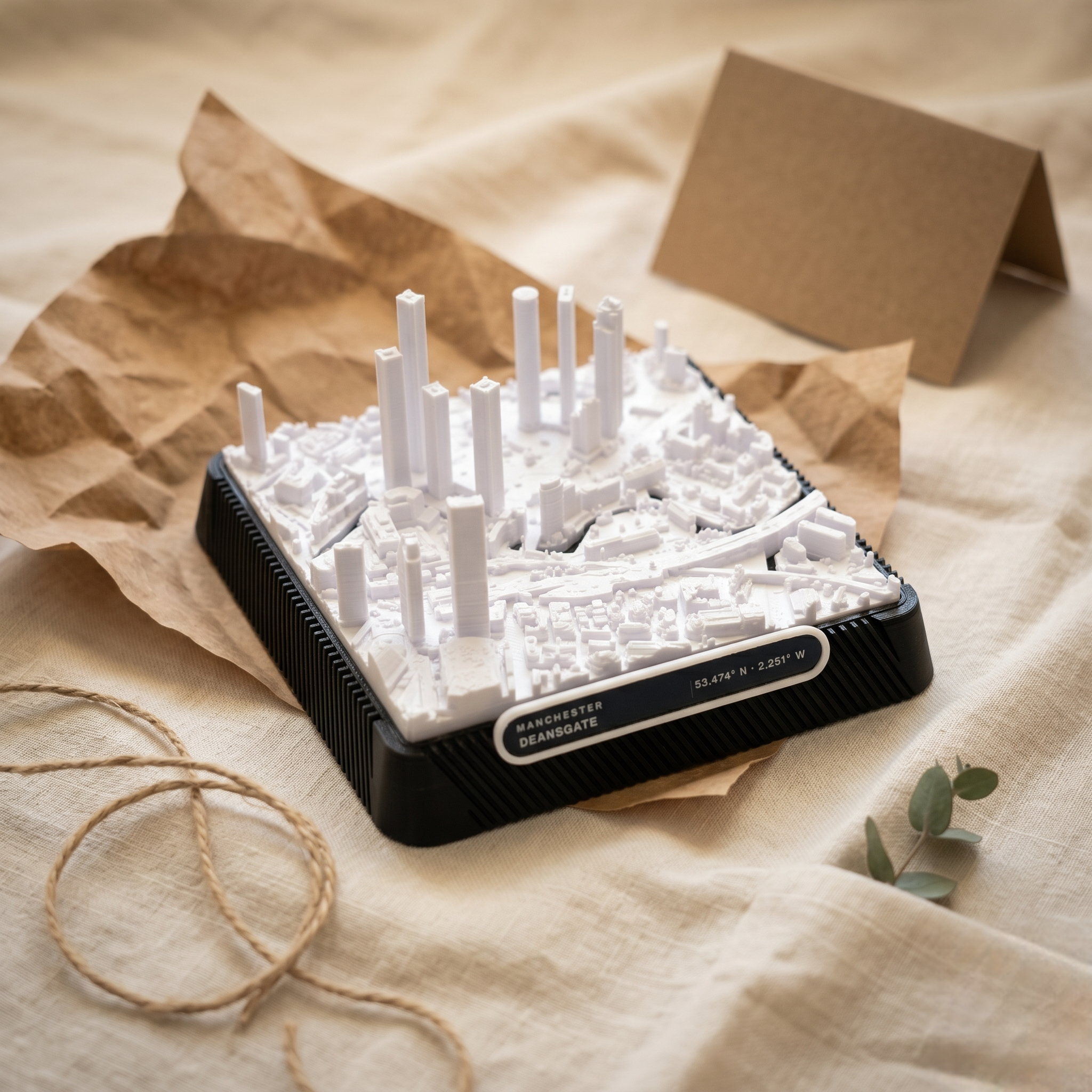 Manchester Deansgate 3D printed city map · 9×9cm relief model · 53.474° N · 2.251° W