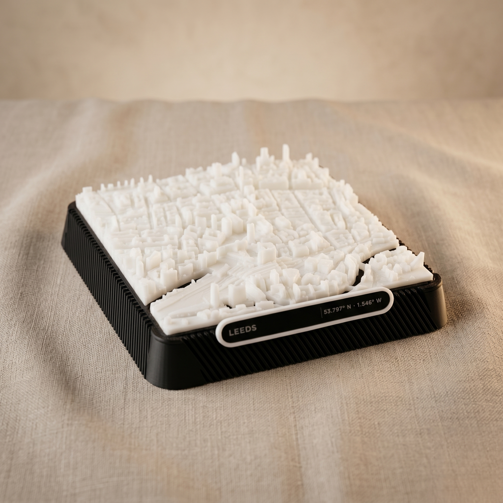 Leeds City Square 3D printed city map · 9×9cm relief model · 53.797° N · 1.546° W