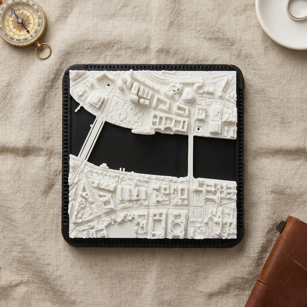 London South Bank 3D printed city map · 9×9cm relief model · 51.503° N · 0.120° W