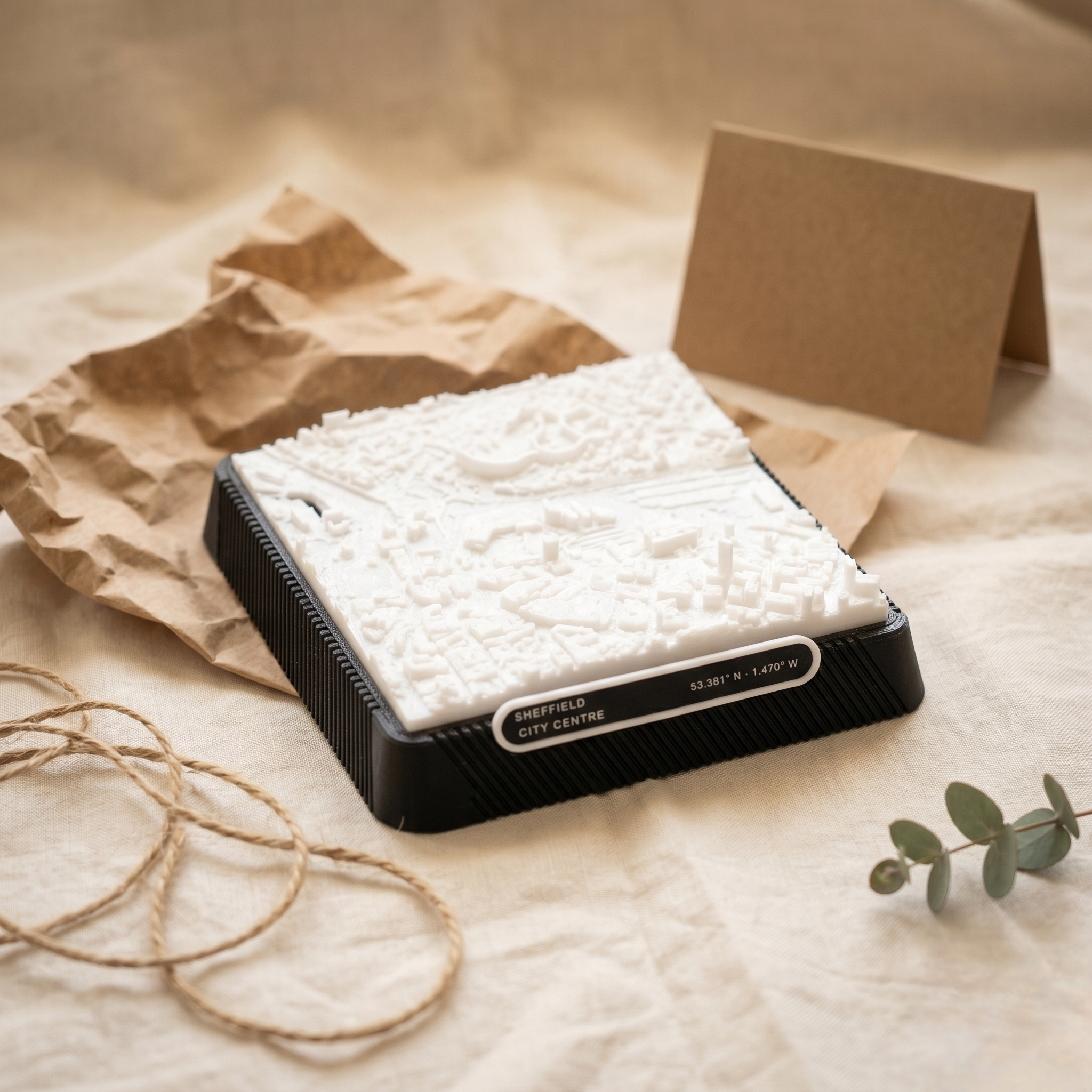 Sheffield City Centre 3D printed city map · 9×9cm relief model · 53.381° N · 1.470° W