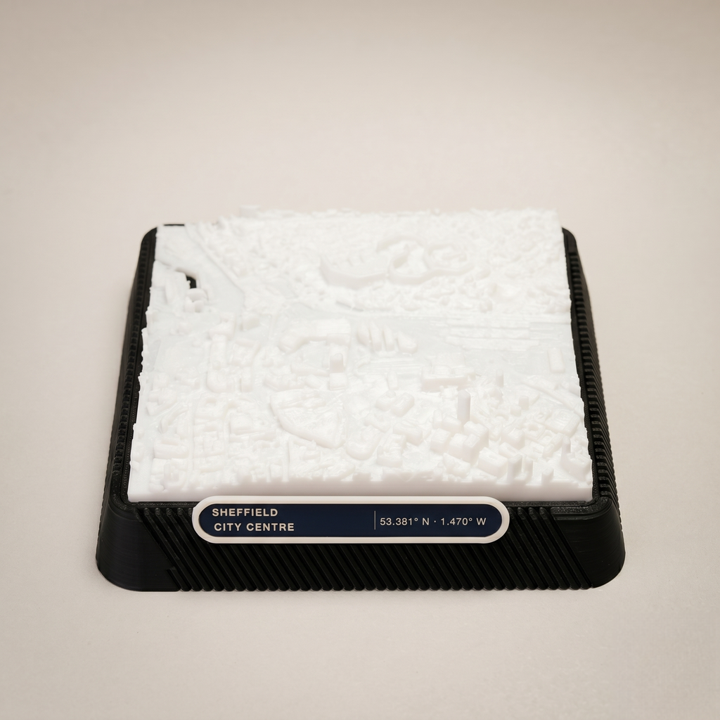 Sheffield City Centre 3D printed city map · 9×9cm relief model · 53.381° N · 1.470° W