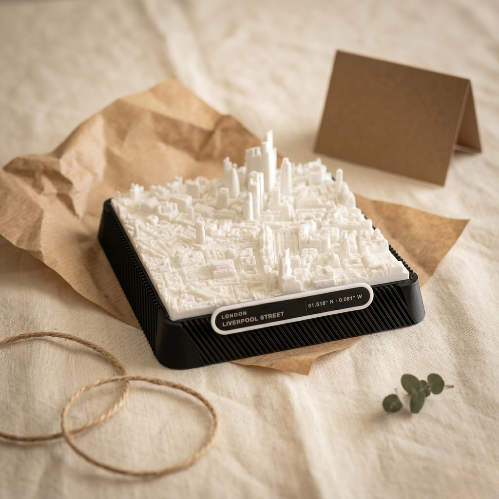 London Liverpool_Street 3D printed city map · 9×9cm relief model · 51.518° N · 0.081° W