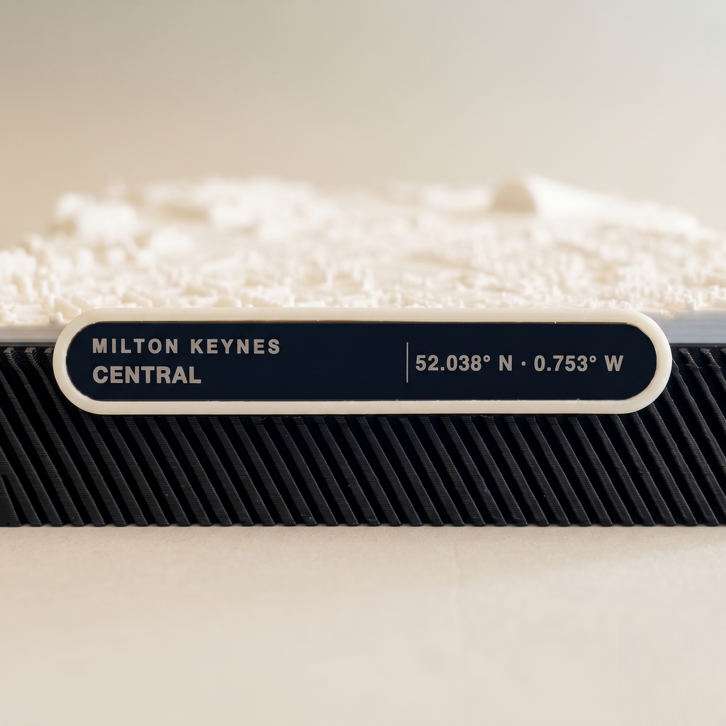 Milton Keynes Central Milton Keynes 3D printed city map · 9×9cm relief model · 52.038° N · 0.753° W