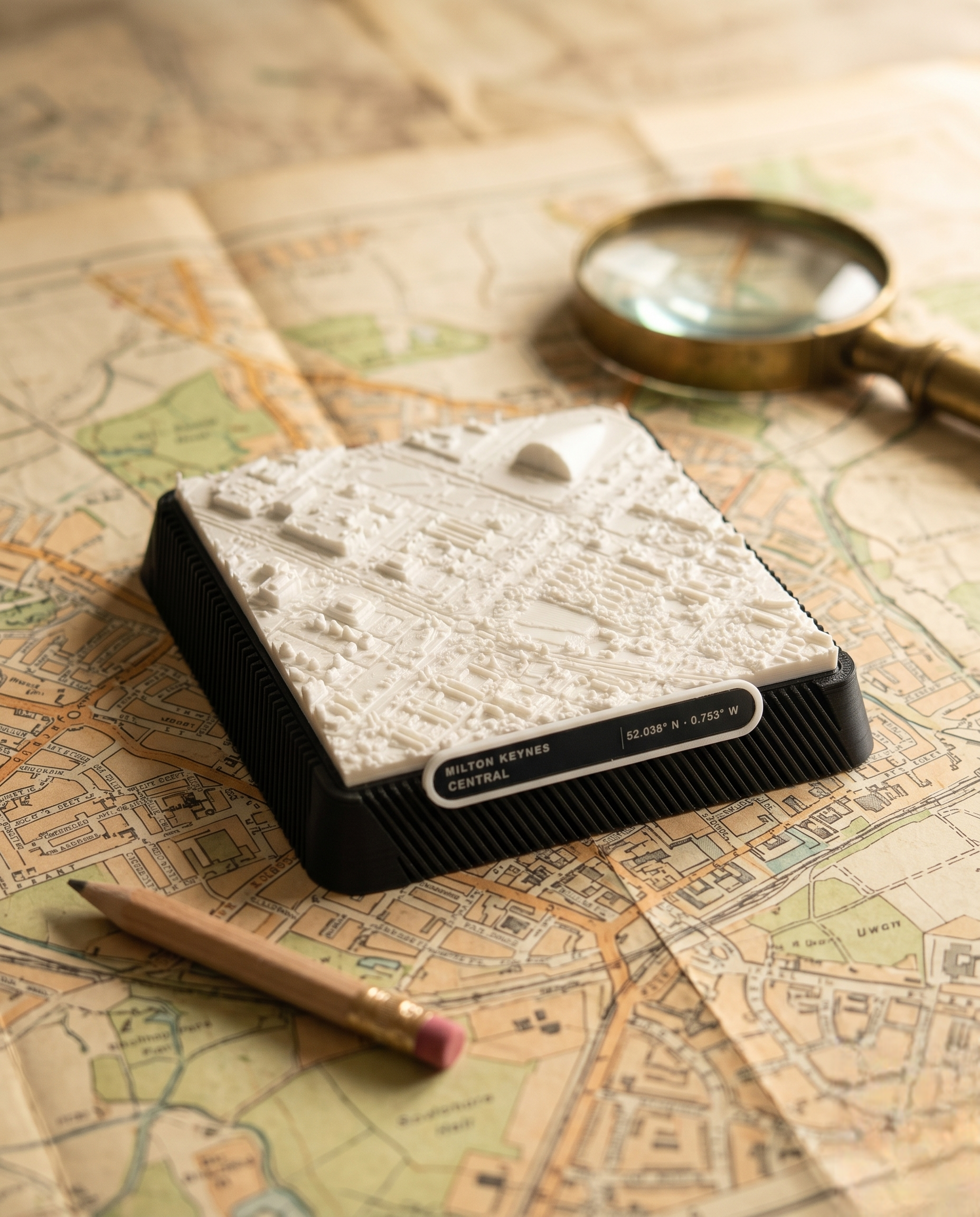 Milton Keynes Central Milton Keynes 3D printed city map · 9×9cm relief model · 52.038° N · 0.753° W
