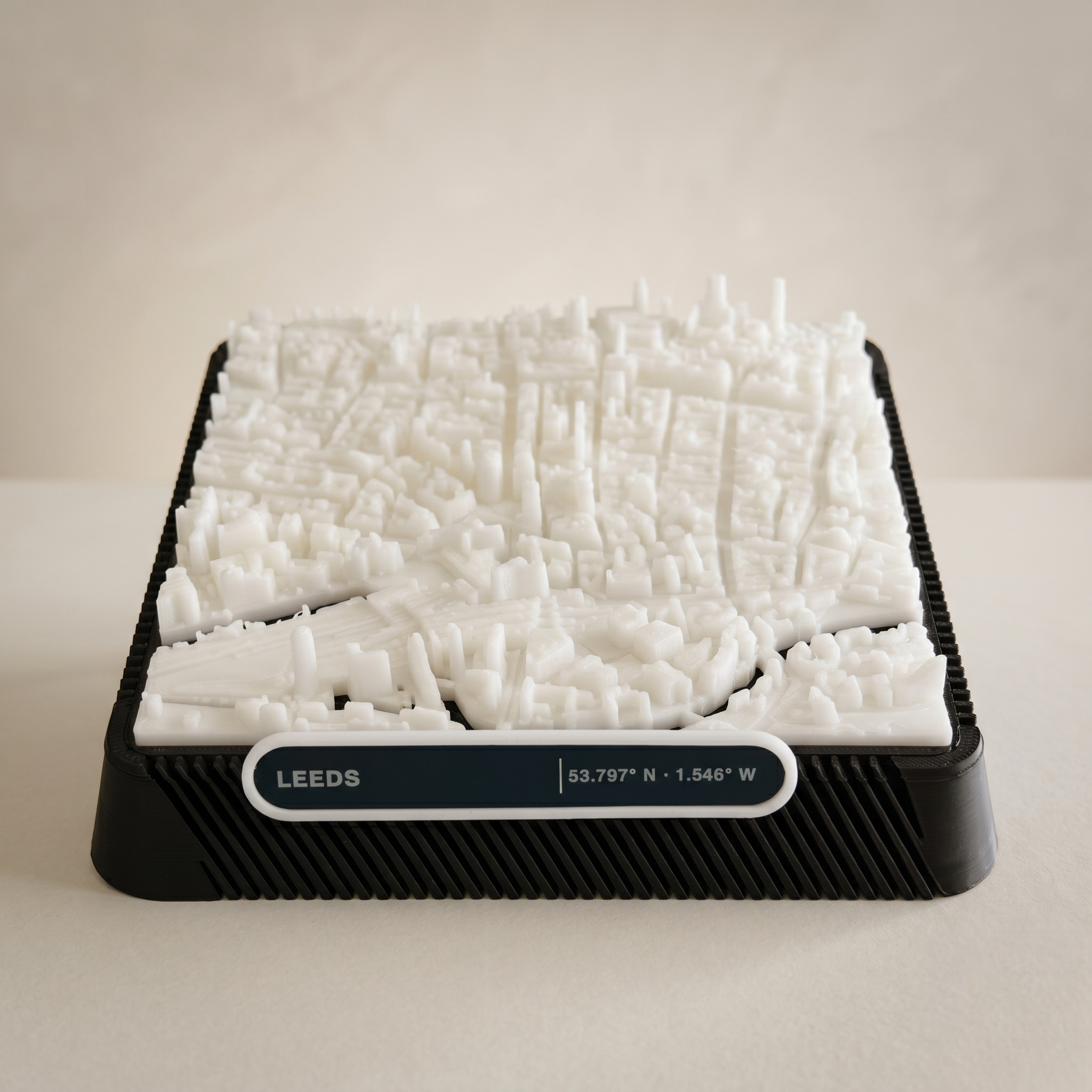 Leeds City Square 3D printed city map · 9×9cm relief model · 53.797° N · 1.546° W