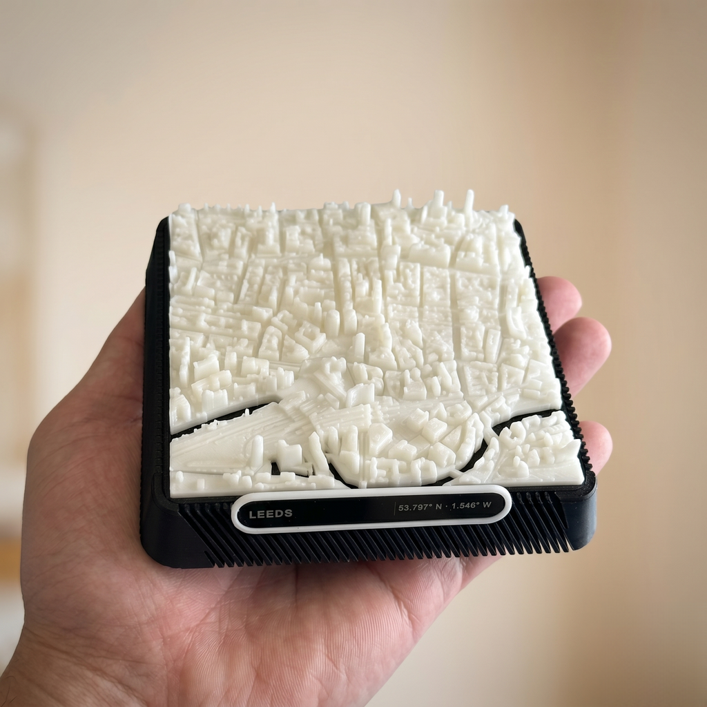 Leeds City Square 3D printed city map · 9×9cm relief model · 53.797° N · 1.546° W