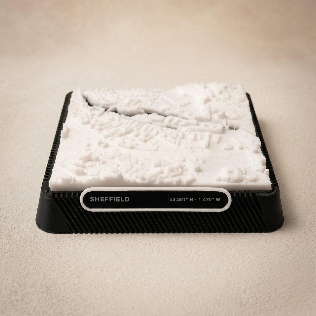 Sheffield Neepsend 3D printed city map showing Don Valley Industrial Quarter · 9×9cm relief model · 53.387° N · 1.474° W