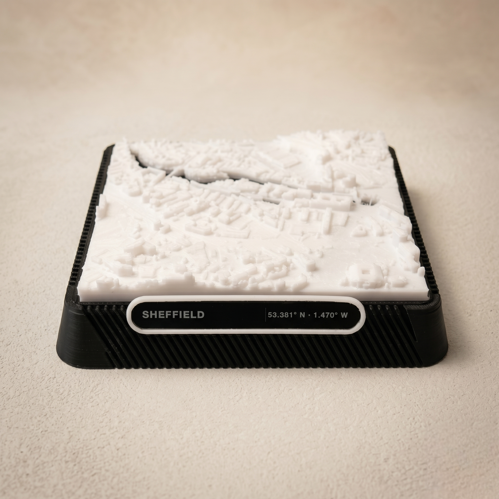 Sheffield Neepsend 3D printed city map showing Don Valley Industrial Quarter · 9×9cm relief model · 53.387° N · 1.474° W
