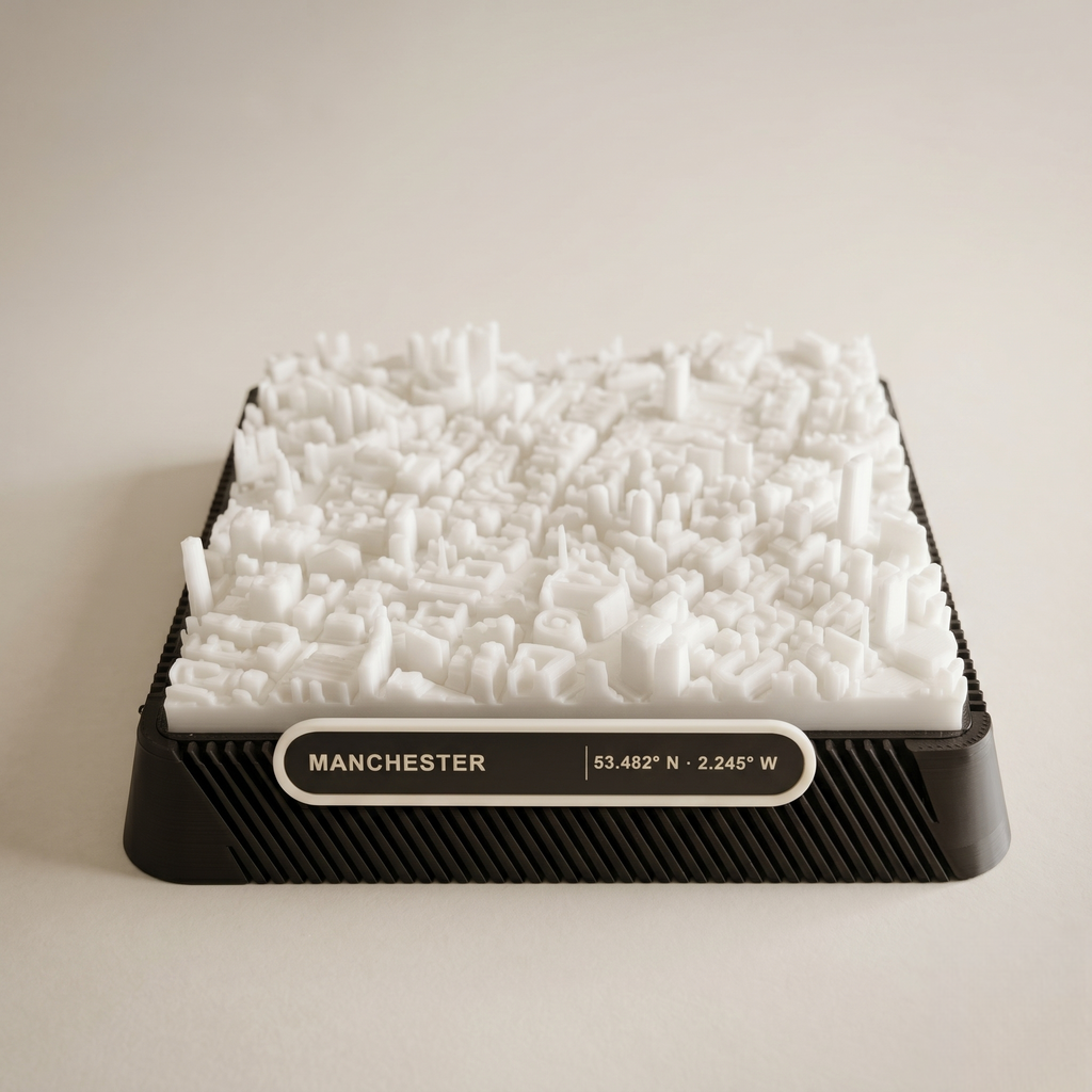 Manchester Central Retail District 3D printed city map · 9×9cm relief model · 53.482° N · 2.245° W