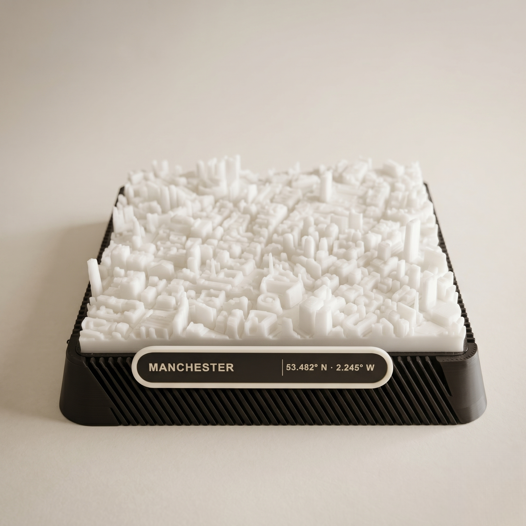 Manchester Central Retail District 3D printed city map · 9×9cm relief model · 53.482° N · 2.245° W