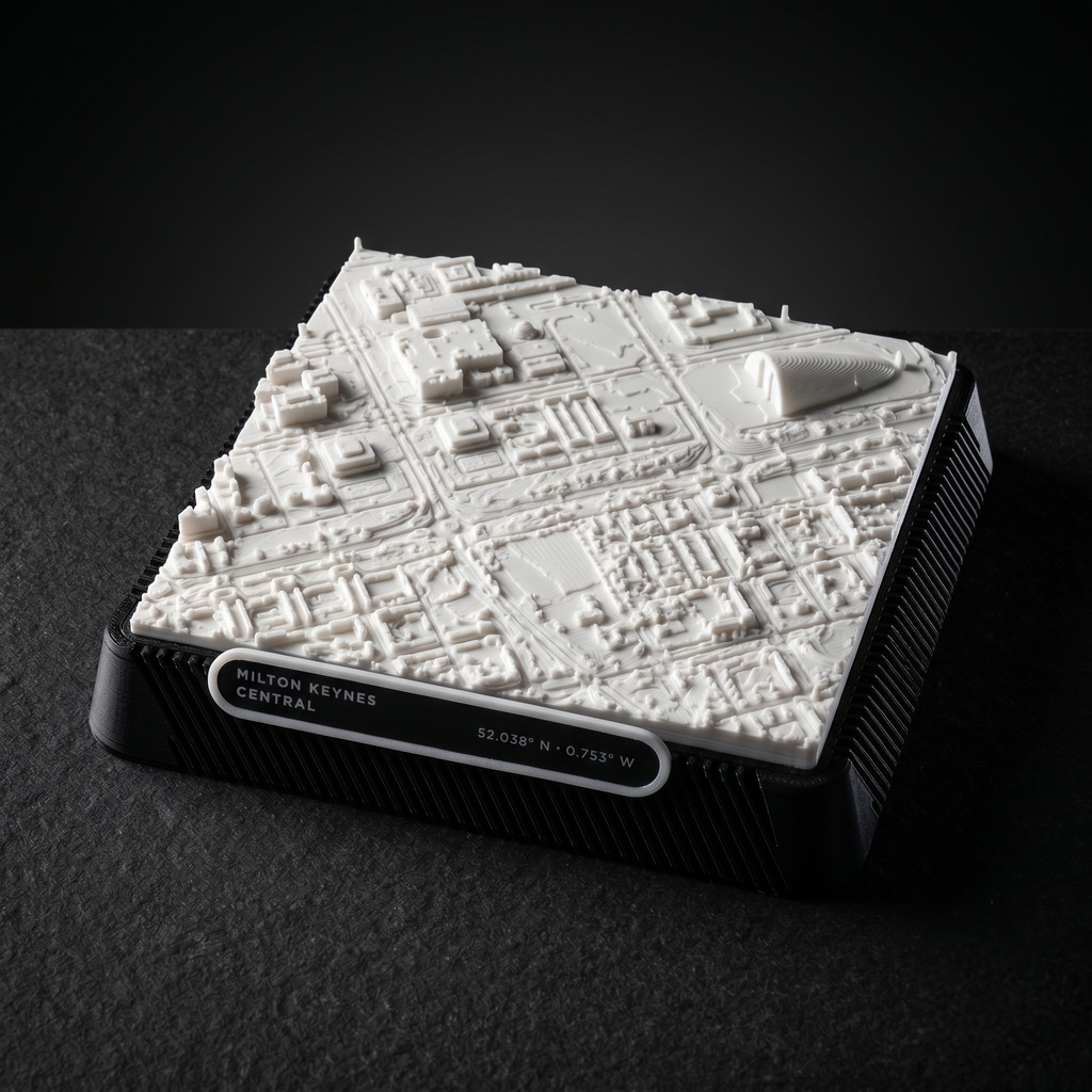 Milton Keynes Central Milton Keynes 3D printed city map · 9×9cm relief model · 52.038° N · 0.753° W