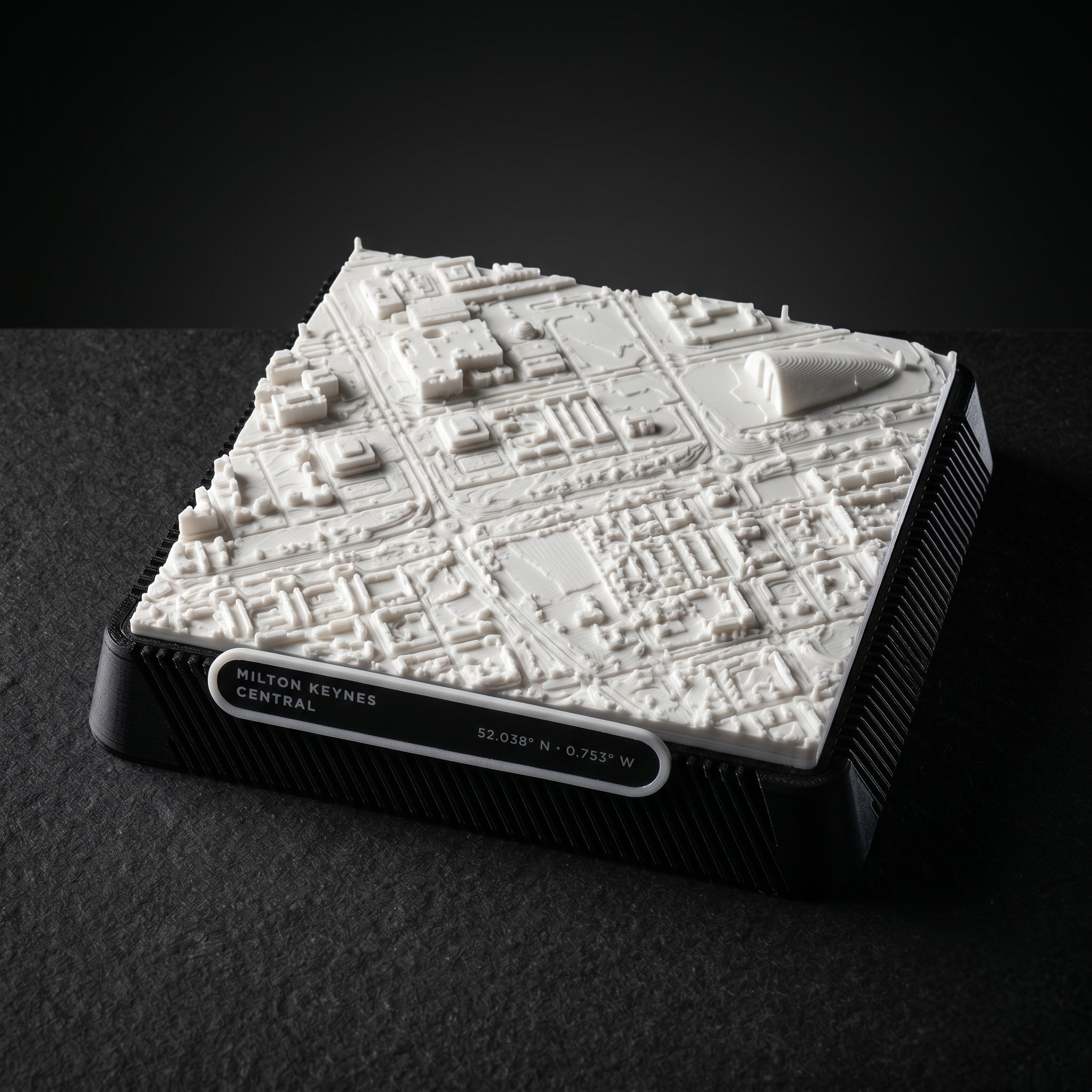 Milton Keynes Central Milton Keynes 3D printed city map · 9×9cm relief model · 52.038° N · 0.753° W