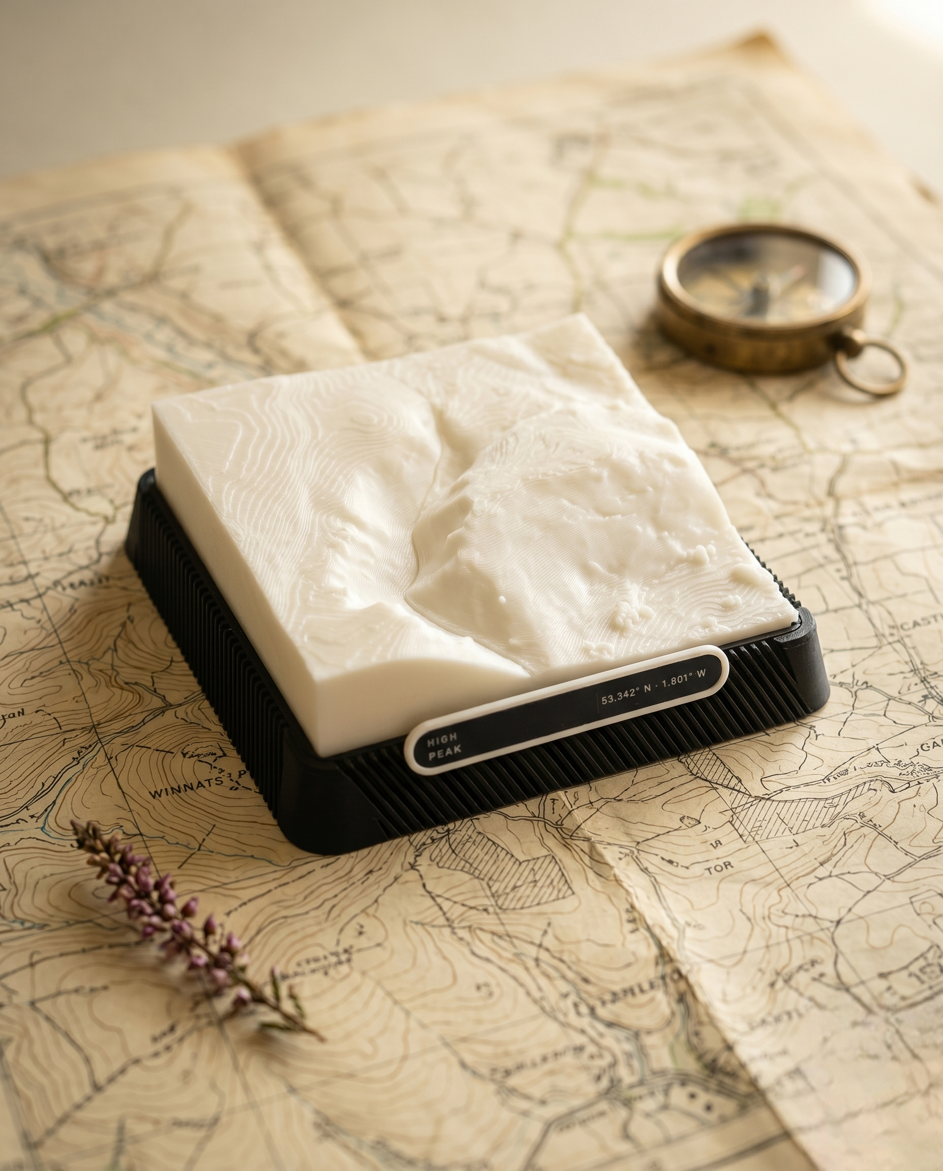 Winnats Pass 3D printed city map · 9×9cm relief model · 53.342° N · 1.801° W