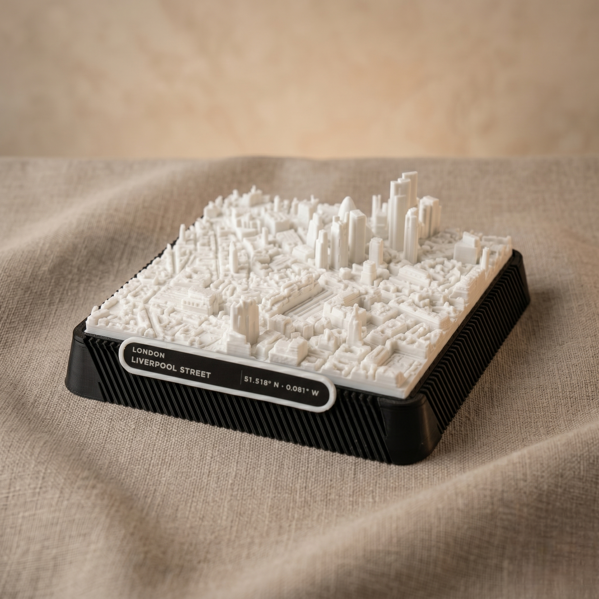 London Liverpool_Street 3D printed city map · 9×9cm relief model · 51.518° N · 0.081° W