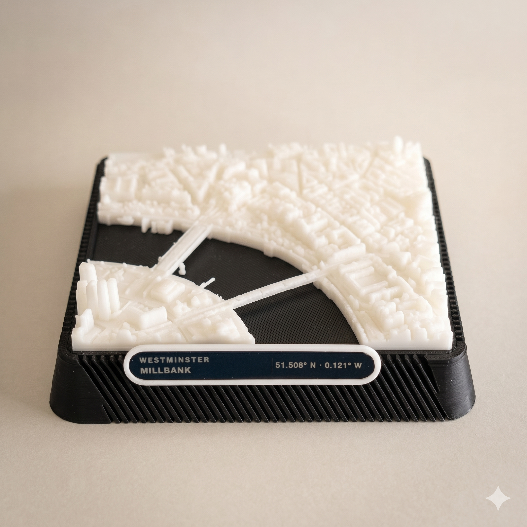 London Westminster Millbank City Centre 3D printed city map · 9×9cm relief model · 51.508° N · 0.121° W