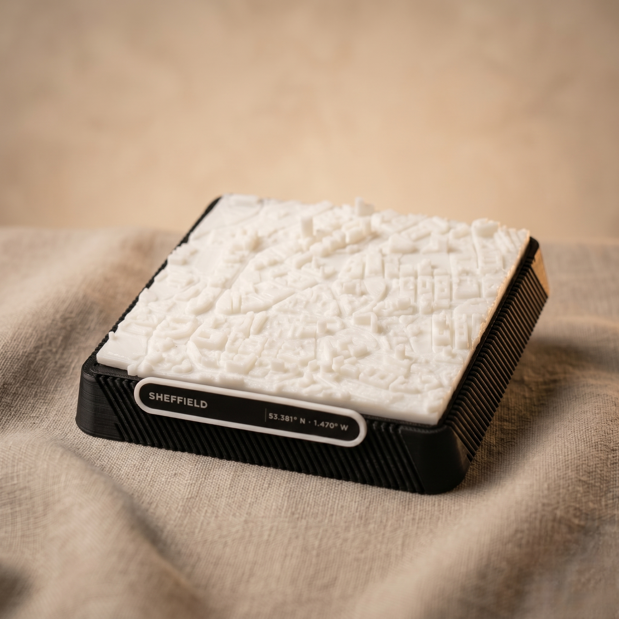 Sheffield Moorhead and Town Hall Square 3D printed city map · 9×9cm relief model · 53.380° N · 1.470° W