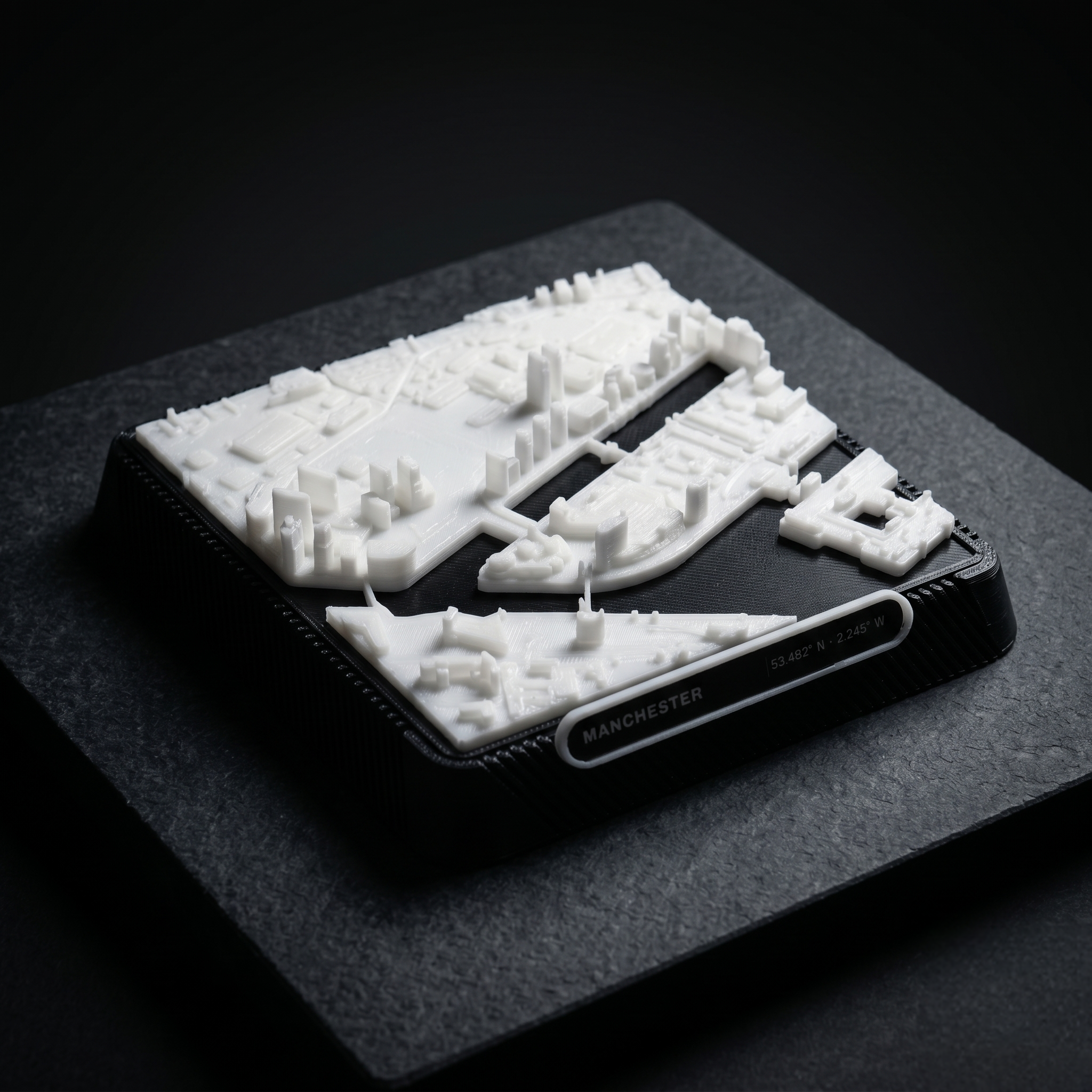 Salford, Greater Manchester Salford Quays and MediaCityUK 3D printed city map · 9×9cm relief model · 53.472° N · 2.294° W